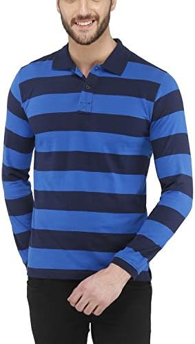 The Cotton Company Men's Cotton Bretton Stripe Full Sleeve Polo T Shirt - Black & Blue