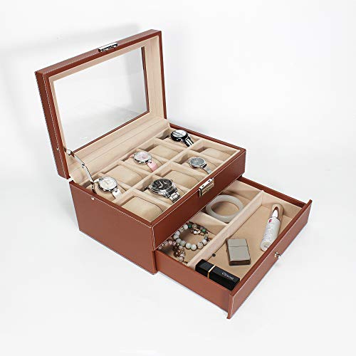 GUKA Watch Box 10 Slot Watch Display Organizer Leather Jewelry Case Drawer Glass Top Lockable, Birthday for Men Women, Child Husband Dad