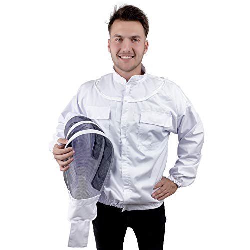 Beekeeping Jacket with Fencing Veil Hood Bee Jacket Clear View Fencing Veil Ultra Light Weight and Maximum Protection for Professional and Beginner Beekeepers