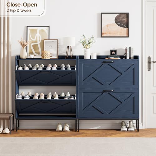 Nicetree Shoe Cabinet with 2 Flip Drawers, Narrow Shoe Storage Cabinet with Metal Legs, Freestanding Slim Shoe Organizer Cabinet for Entryway, Hallway, Foyer, Blue