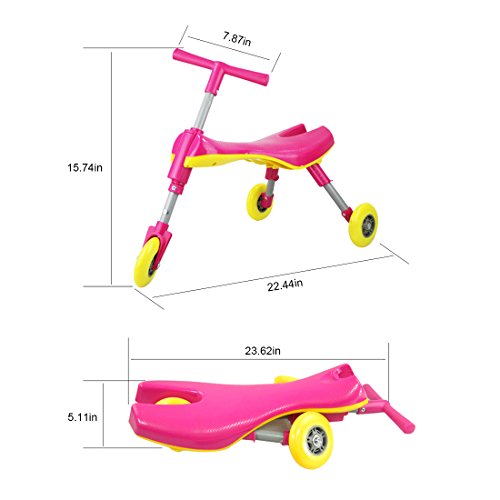 Freshday Toddlers Glide Tricycle for Indoor and Outdoor Use, Foldable Kids Fly Bike Trike Scooter, Non Scratch Wheels and No Assembly Required (Pink)