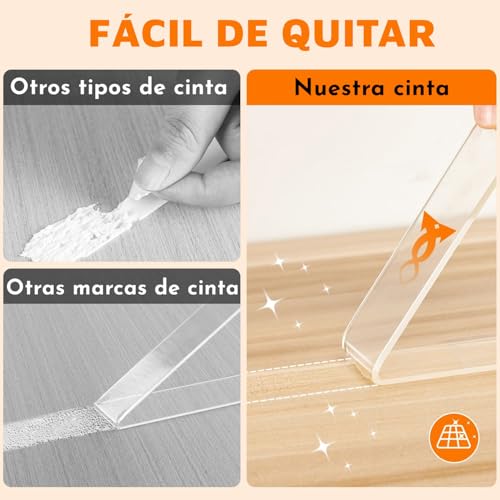 LSXD Cinta Doble Cara, 2 Rollos 5M Nano Tape Extrafuerte Reutilizable y Impermeable con Tijera, Tape Doble Cara Transparente para Pared, Cocina, Baño, Alfombra, Manualidades, Fijación de Fotos