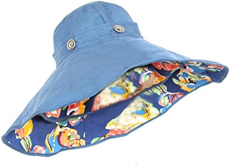 WindFeel Women Large Wide Brim Beach Hat with Sun Visor Shade UPF 50+ Hat Cap with Multicolor Flowers Pattern,Color Navy Blue