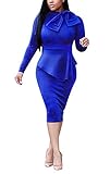 Womens Business Dress One Piece Suit Long Sleeve Tie Neck Peplum Top Bodycon Skirt Office Ladies Navy XL