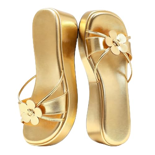 Accloris Floral Platform Sandals Women Gold Chunky Wedge Cute Square Toe at Amazon