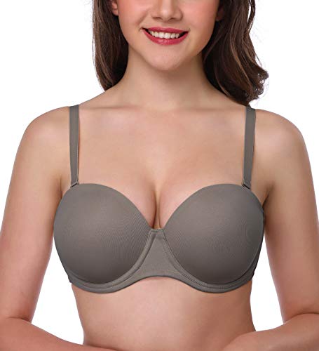 HANSCA Women Strapless Bra Convertible Multiway Full Cup Anti-Slip Lift Underwire Bra Plus Size (Coffee, 32D)