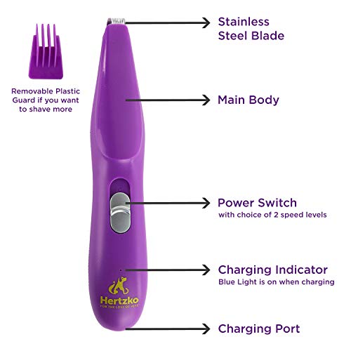 Hertzko Pet Hair Trimmer Dog Clipper - Grooming Shaver for Hair Around Face, Paws, Eyes, Ears of Dogs & Cats - Low Vibration - Low Noise - 2-Level Speed Option - Portable, Cordless, Rechargeable,