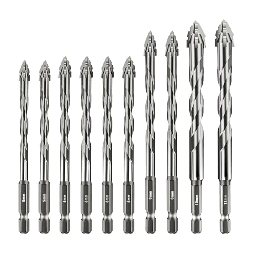 4 Flute Sawtooth Eccentric Drill Bit, 10PCS 4 Blade Serrated Drill Bit 1/4 Hex Shank Carbide Tip Tile Drill Bit Set Concrete Masonry Drill Bits for Brick Wood Plastic (5/5/6/6/6/6/8/8/10/12MM)