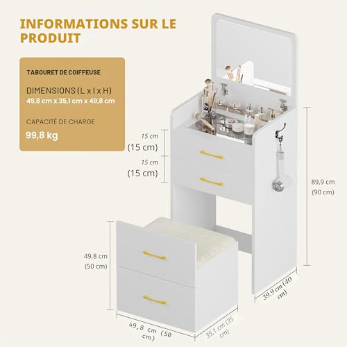 Lvifur Corner Dressing Table with Mirror, Corner Dressing Table with Stool, Large Storage Space with Drawers, Dressing Table for Apartment, Small Room
