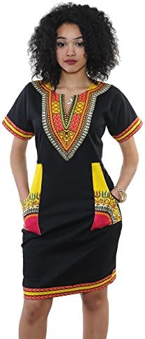 Women Bohemian V Neck Vintage Printed Ethnic Style Summer Shift Dress (XXXL, Black-Yellow)
