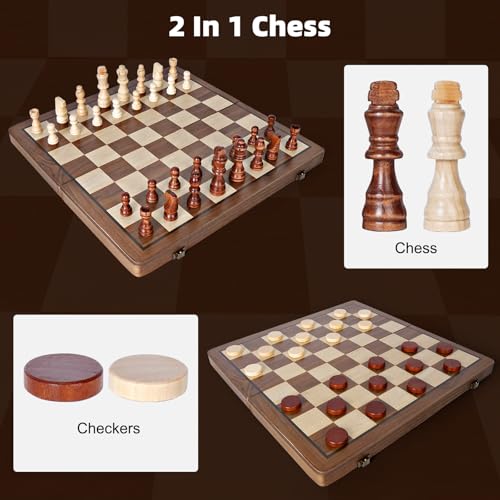 Wooden Chess Board, 2 in 1 Magnetic Chess Board, 39 x 39 cm, Professional Folding Portable Chess Board and Magnetic Checkerboard with Storage Bag, Checkers for Children and Adults Parties
