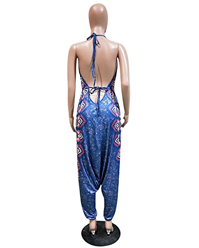 Kafiloe Womens Boho African Print Spaghetti Strap Loose Fit Harem Jumpsuit Rompers Pants Long Summer Casual Blue L