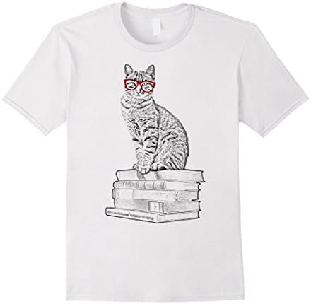Men's nerd cat above the books tshirt Medium White
