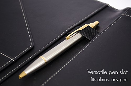 STYLIO Padfolio w/Premium Pen - Resume Portfolio Folder - Interview/Legal Document Organizer & Business Card Holder - with Letter-Sized Writing Pad - Handsome Piano Noir Faux Leather Matte Finish