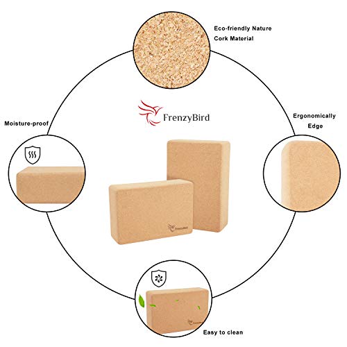 Frenzybird 2 Piece Yoga Blocks , Nature Cork Yoga Blocks,Light weighted, Ideal to Support and Deepen Poses, Improve Strength,Balance and Flexibility in various yoga exercises,Pilates,Workout,Fitness