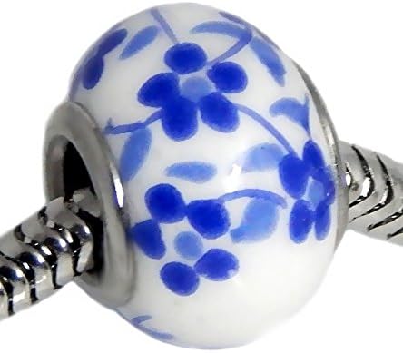 Cherityne Blue Flowers Ceramic Fit Pandora Charm Stainless Steel Bead