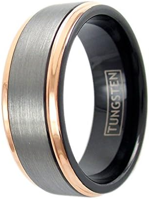 3-Tone Tungsten Wedding Band w/ Brushed Band &amp; Rose Gold Edges. 6mm &amp; 8mm. Free Engraving. (tungsten (8mm), 11)