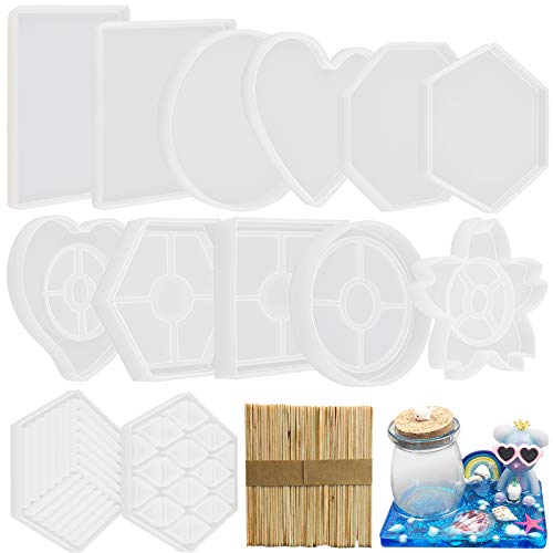 FUNSHOWCASE Epoxy Resin Coaster Molds Set 63 Kits Silicone Trays Large 6-8inch Rectangle Square Circle Heart Octagon Hexagon 13 Geometric Shapes, Craft Sticks