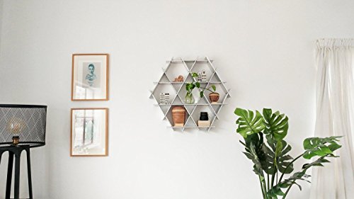 Hexagon Floating Shelves, Bookcase, Hanging Bookshelf, Living Room Storage, Small Bookshelf - Ruche Shelving Unit Medium- Cardboard unicorn silver finish