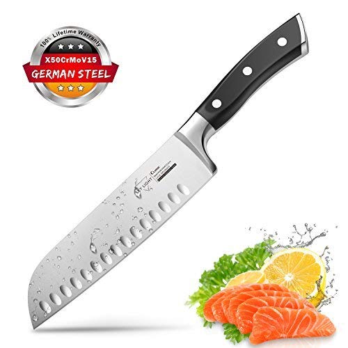 Santoku Knife Kitchen Knife Professional Japanese Chef Knife, 7 Inch Sharp Blade with Hollow Edge, Full Tang Forged by German HC Stainless Steel with Ergonomic Handle