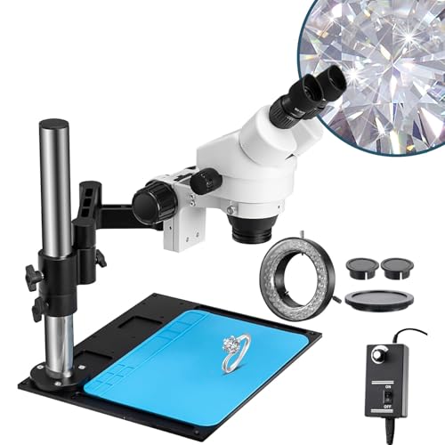 DZQ Stereo Microscope 7X-45X Magnification, Jewelry Microscope 0X/0.5X/2.0X Objective Lenses, WF10X Eyepieces, Articulating Arm Stand w/Soldering Mat, 60-Bulb LED Ring Light