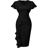 Memoriesea Women's Sexy V Neck Ruffle Short Sleeve Bodycon Cocktail Work Midi Dress