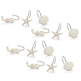 Juvale Seashell Shower Curtain Hooks - 12-Pieces Decorative Bath Curtain Rings for Beach, Mermaid, Ocean-Themed Bathroom - Seahorse, Seashell, Starfish Designs, White