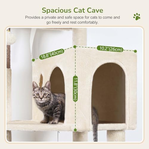 Globlazer Beige Cat Tree 137 cm with Extra Large Hammock 45 x 40 cm, Large Kennels, Padded Platform, Easy to Install Indoor Cat Trees for Adult Cats Rest, Scratching Game (F53, Beige)