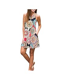 Vestido de verano para mujer, sin mangas, estampado de damasco, con bolsillos, casual, playera, floral.