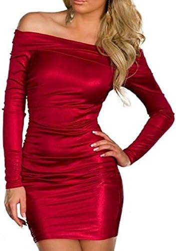 Mosearon Women Sexy Off Shoulder Word Collar Long Sleeves Slim Cocktail Dress (red)
