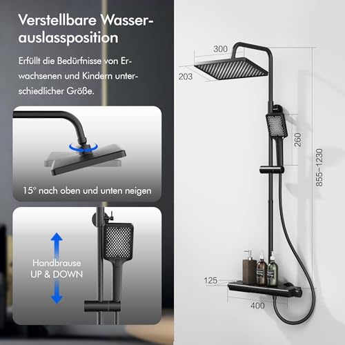 HOMELODY Shower System with Thermostat and Glass Shelf Black - 30 x 20 cm Large Shower Head Rain Shower and 3 Jet Types Hand Shower, 2 Piano Knobs Shower Fitting Complete Set Shower Set with Rain Shower