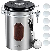 BAYKA Coffee Canister with Airtight Lid, Tawny Refill Window Coffee Container with Rotating Freshness Date, 6 Extra Exhaust Valves, Stores Whole Beans or Grounds, Includes Reusable Serving Spoon, 22 oz, Silver
