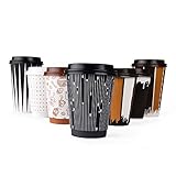 #1 Modern Disposable Coffee Cups with Lids and Stirrers (50 pack) - 12 oz Double Wall Insulated Hot Paper Cups with Accessories - Stylish Beverage Cups for Hot Cold Drinks (Paddle Art Design, 12 oz)