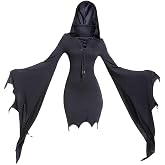 Mingyuezai Women Scream Costume Witch Bat Sleeve Dress | Irregular hemline and cuffs,Sexy slim fit cut,with a hood,Adjustable cross tie at the chest
