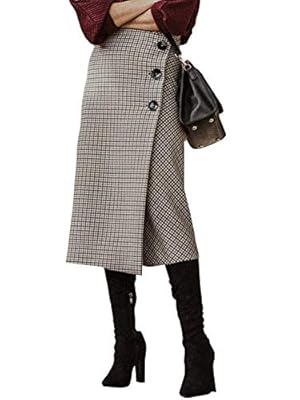 BerryGo Women's Plaid Split Skirt Button High Waist Midi Skirts