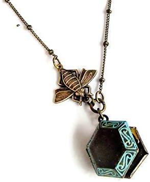 Bee locket necklace Honeycomb hexagonal antique bronze tiny photo box