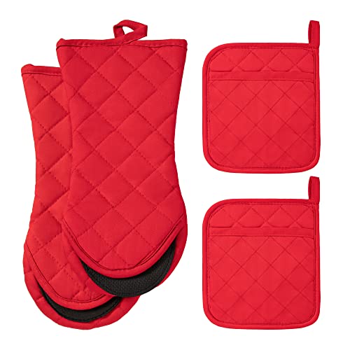 ARCLIBER Pot Holders and Oven Mitts Sets,4PCS Heat Resistant Potholders for Kitchens,Non-Slip Rubber Surface 2 Oven Mittens,2 Potholder for Cooking,Baking,Grilling,Barbecue,Red