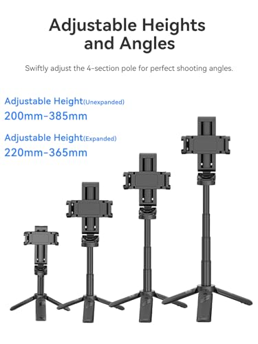 ULANZI JJ02 Bluetooth Selfie Stick, 3 in 1 Mini Extendable Tripod Stand for Mobile Phone, Smartphone Capgrip with Remote Control, 2 Cold Shoe for iPhone/Samsung/Android Smartphone