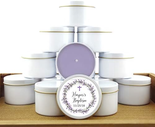 12 Baby Girl Lavender Baptism Favors | 4oz Personalized soycandles | Christening Table Decor, Centerpiece | Floral Wreath, Cross | Custom Stickers Labels