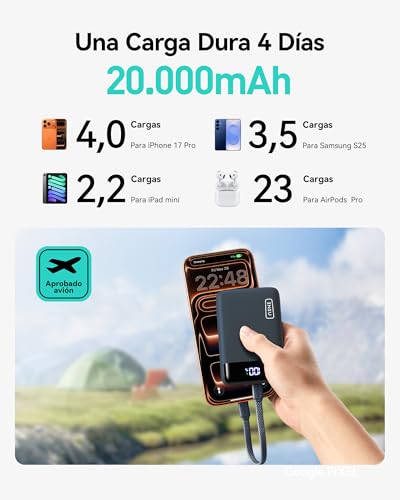 Power Bank, Ultrapequeño 20000mAh 22,5W Carga Rapida Bateria Externa con Cable USB C Adjunto, Apto para Avión, Esenciales de Viaje, Bateria Portatil para iPhone 17 16, Samsung, Xiaomi, Azul