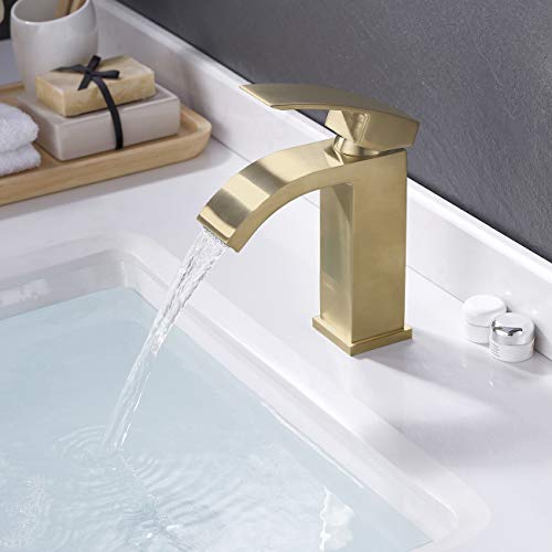 KES Brushed Gold Bathroom Waterfall Faucet Single Handle One Hole Vanity Sink Faucet cUPC NSF Certified Lead Free Brass, L3109ALF-BZ - Thumbnail 2
