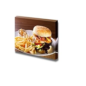 Canvas Prints Wall Art - Delicious Hamburger with Fries and Salad on White Plate | Modern Wall Decor/Home Art Stretched Gallery Canvas Wraps Giclee Print & Ready to Hang - 12" x 18"