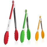 Silicone Kitchen Tongs - pack of 3 - 9 inch Salad Tongs, 12 inch Barbecue (BBQ) Grill tongs & 7 inch Mini Tongs, - Stainless Steel Food Tongs With Silicone Tips for Extra Grip (Red, Yellow and Green)