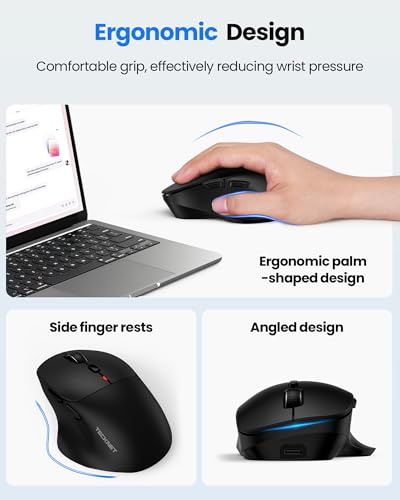 TECKNET Wireless Mouse, Rechargeable Bluetooth Mouse(Tri-Mode: BT 5.0/3.0+2.4G), 4800DPI Adjustable, Ergonomic Cordless Silent Mouse for Laptop, PC, Computer, 6 Buttons, Black