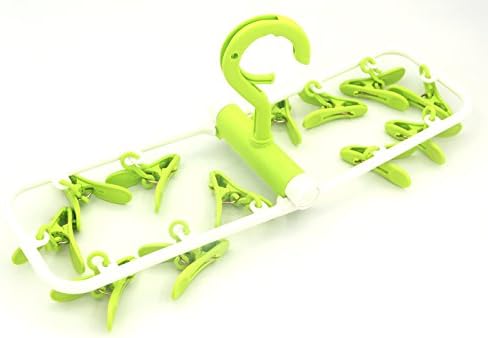 ColorMixs Clip And Drip Clothesline Clothespin Laundry Hanger Windproof Foldable For Travel or Colleage With 12 Clips (Green)
