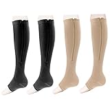 Zipper Compression Socks Toe Open for Varicose Veins and Edema , Unisex Zipper Design Easy to Wear (2 pack) (Nude&Black, XXL)