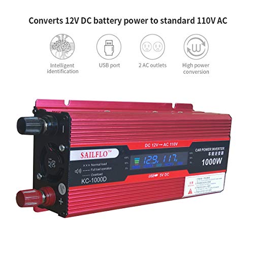 Power Inverter 500W/1000W DC 12V to 110V AC Car Inverter Outlets 2 AC Ports Charger Travel Kit Portable Converter for Laptop (1000W)