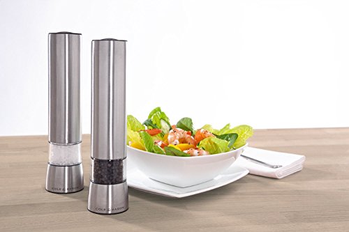 COLE & MASON Hampstead Electric Salt Grinder with LED Light - Electronic Battery Operated Mill, Stainless Steel