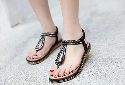 DolphinBanana Women's Bohemian Simple T-Strap Summer Flat Thong Sandals, Black Flip Flops Glitter Shiny Rhinestone Herringbone Woven Tape Shoes for Dressy Casual Jeans Daily Wear and Beach Vacation