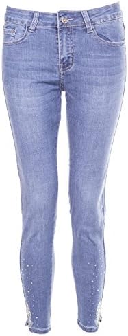 Noroze Women Denim Jeans Ladies High Waist Beads &amp; Badges Skinny 3/4 Jeans (S, Blue E540)